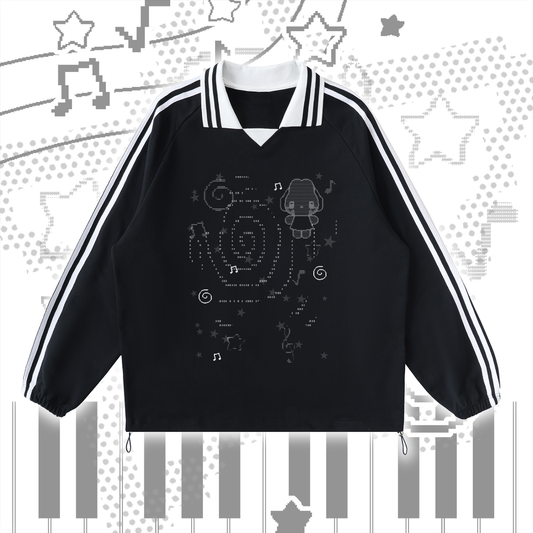 Headphone Bunny Black Contrast Striped Lapel Collar Sweatshirt