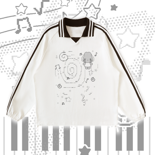 Headphone Bunny White Contrast Striped Lapel Collar Sweatshirt