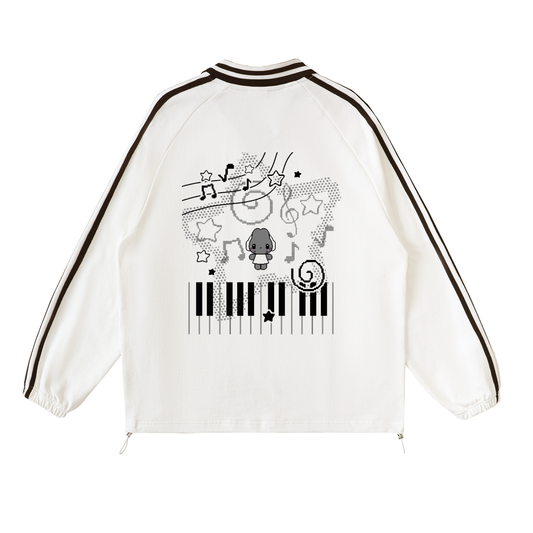 Headphone Bunny White Contrast Striped Lapel Collar Sweatshirt