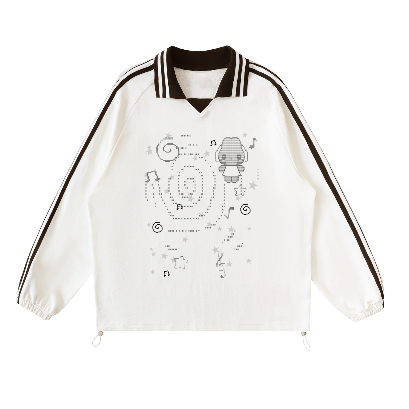 Headphone Bunny White Contrast Striped Lapel Collar Sweatshirt