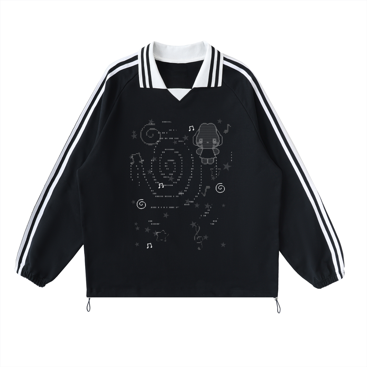 Headphone Bunny Black Contrast Striped Lapel Collar Sweatshirt