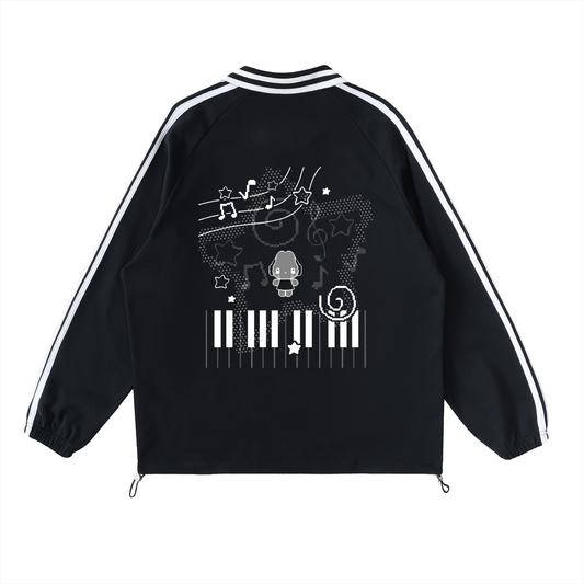 Headphone Bunny Black Contrast Striped Lapel Collar Sweatshirt