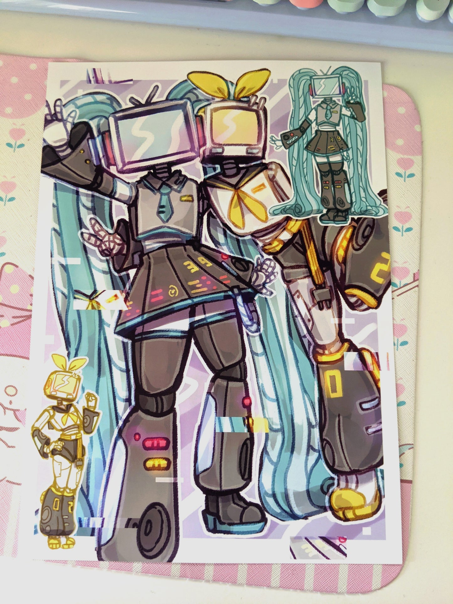 Rin and Miku Computer Heads Art Print