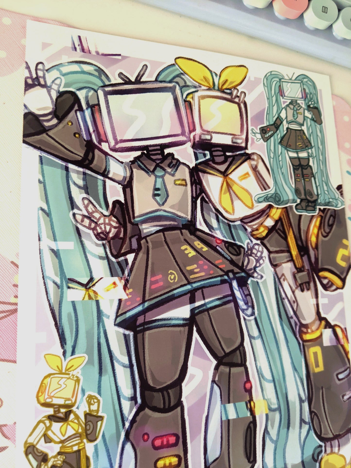Rin and Miku Computer Heads Art Print