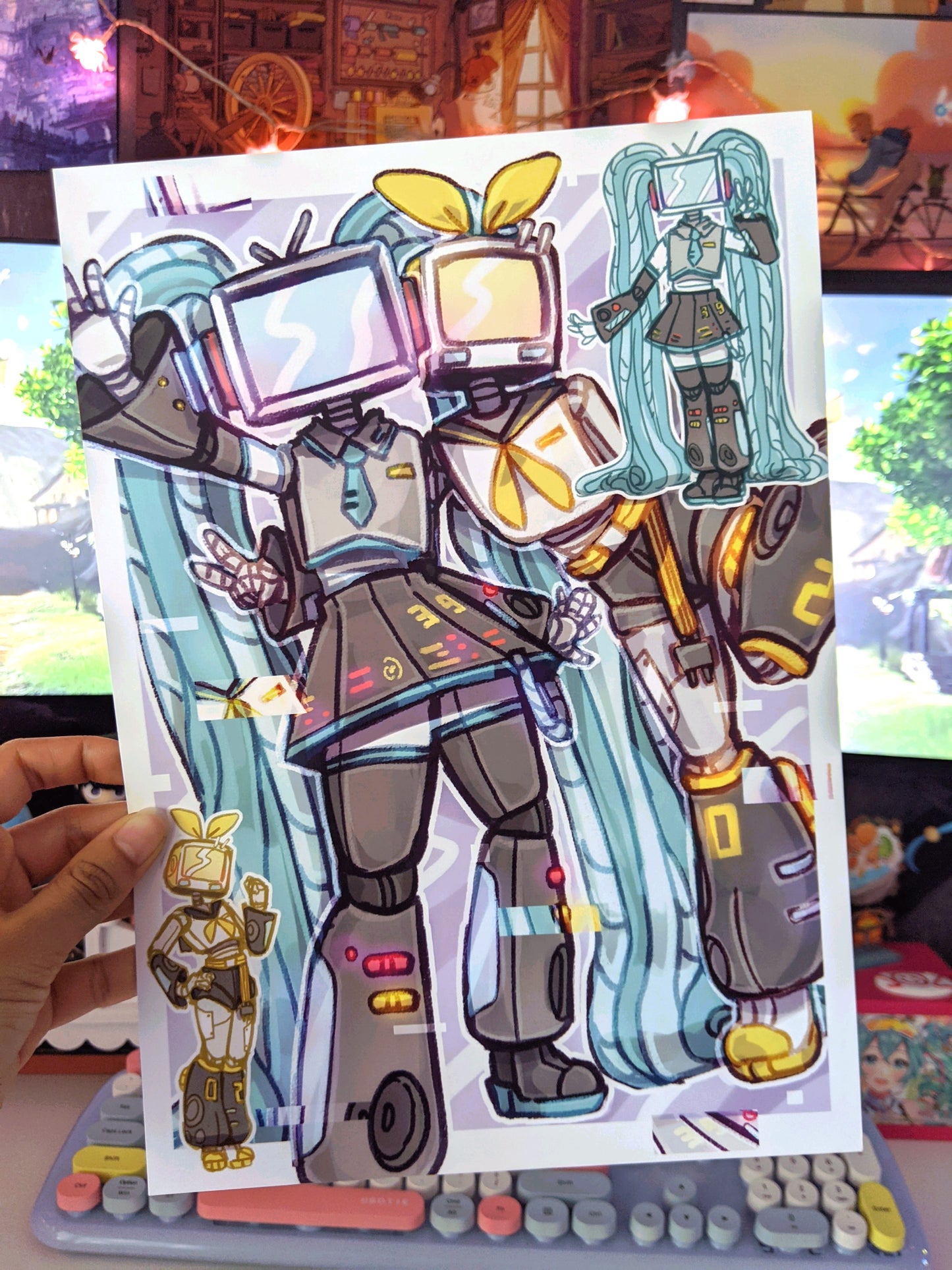 Rin and Miku Computer Heads Art Print