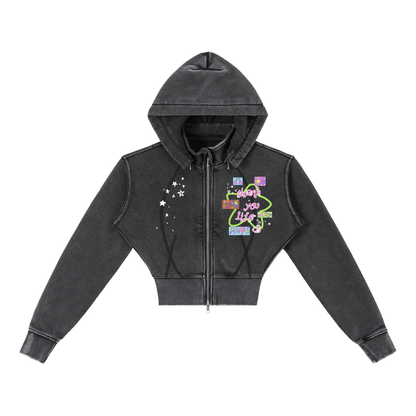 I Love Life Vintage Washed Cropped Fleece Hoodie